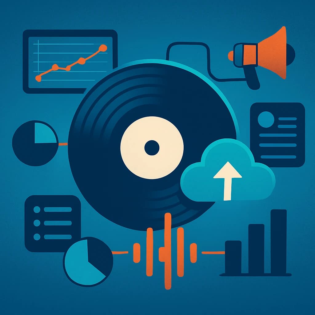 Vinyl record surrounded by data, charts, cloud upload, megaphone, and sound waves on a blue background.