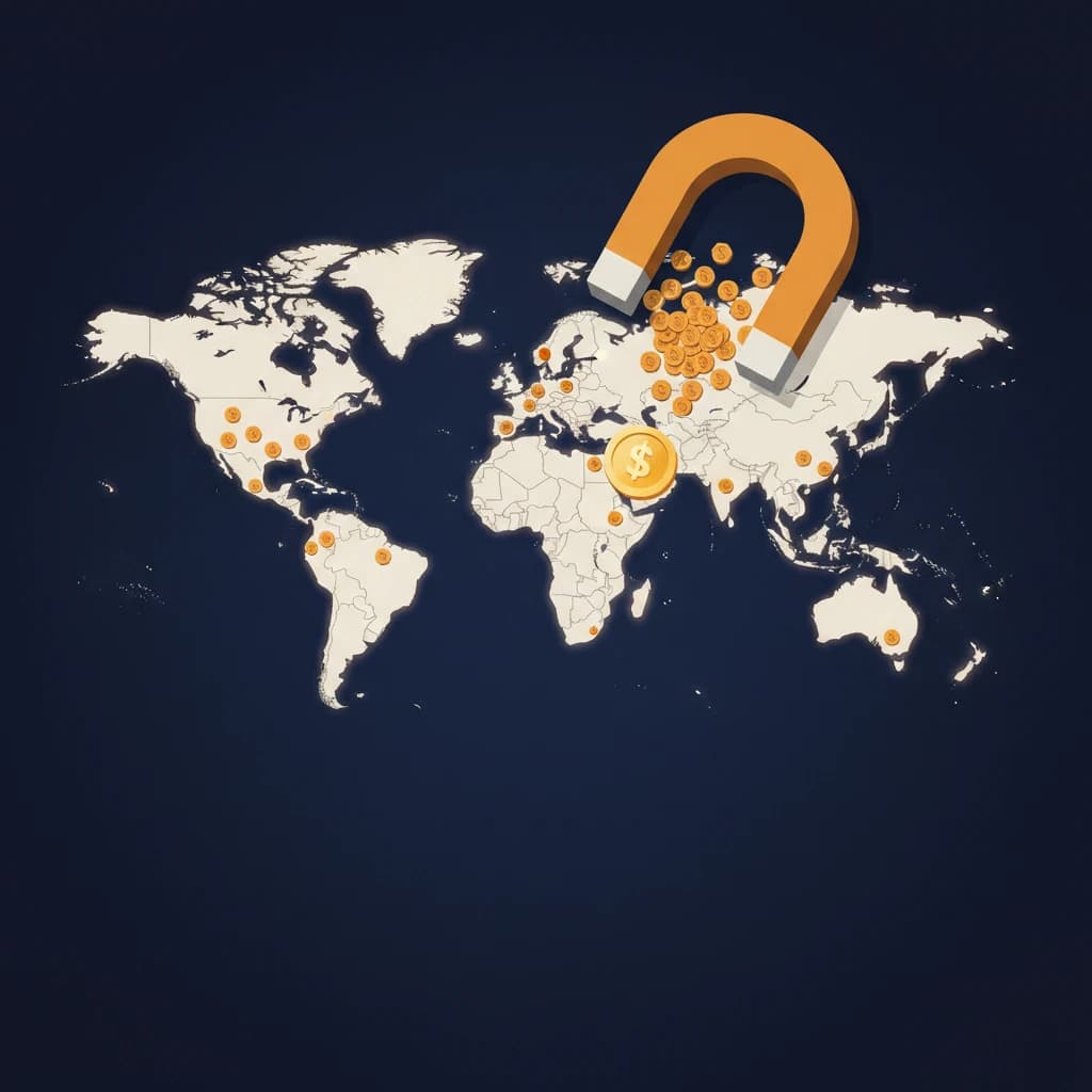 World map with a magnet attracting gold coins, symbolizing global financial pull.