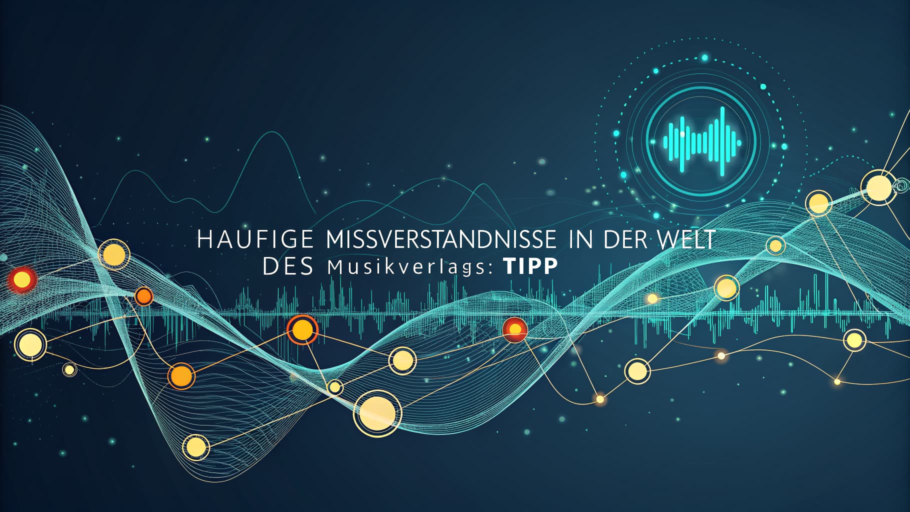 Abstract blue background with glowing lines, circles, and an audio waveform, text "HÄUFIGE MISSVERSTÄNDNISSE IN DER WELT DES