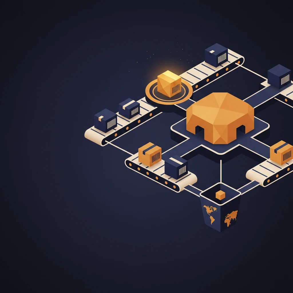 Isometric illustration of a dark blue and orange factory conveyor belt system with boxes and a central hub.