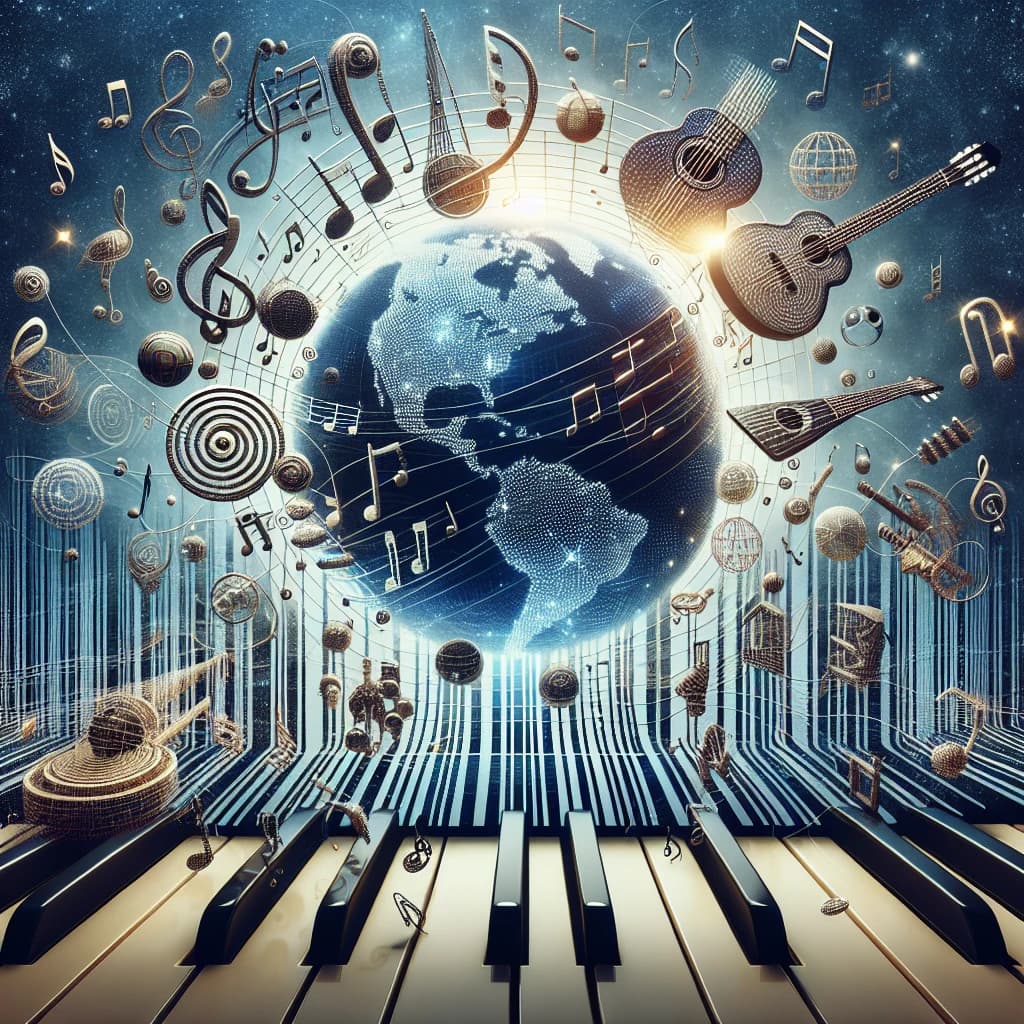Digital Earth with musical notes, instruments, and a piano keyboard, representing global music.