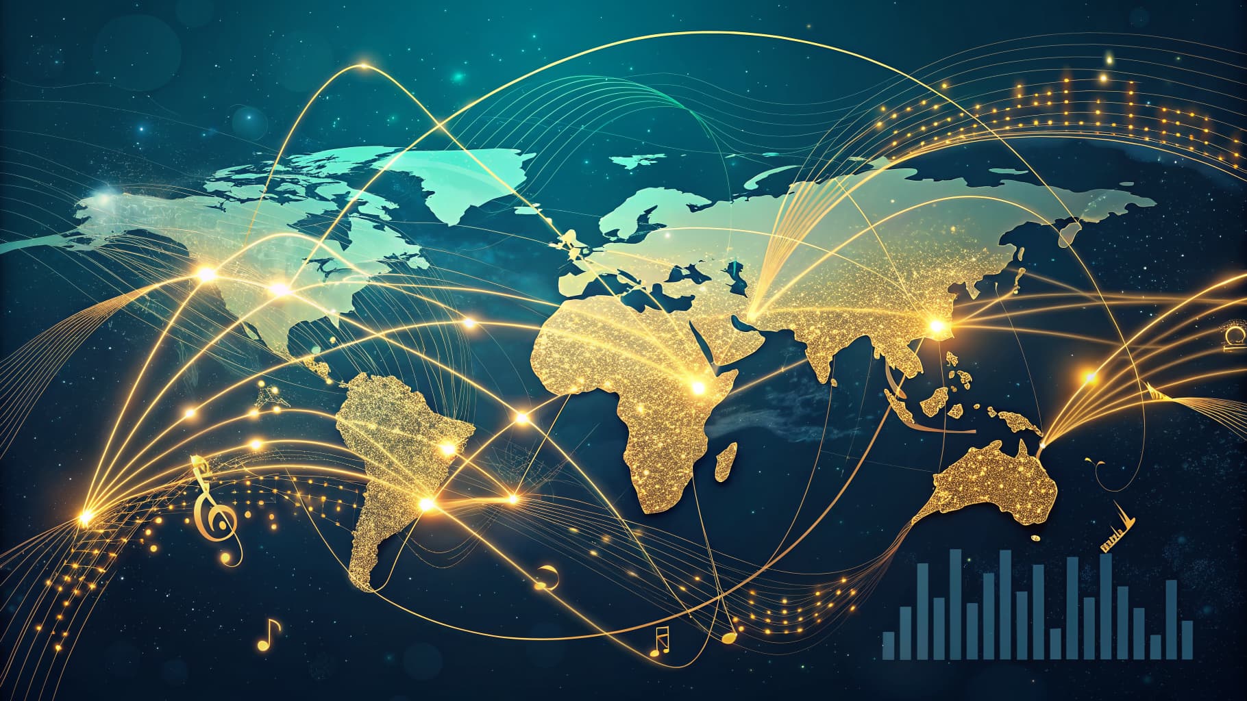 World map with glowing golden continents, connected by bright light lines, musical notes, and a bar graph.