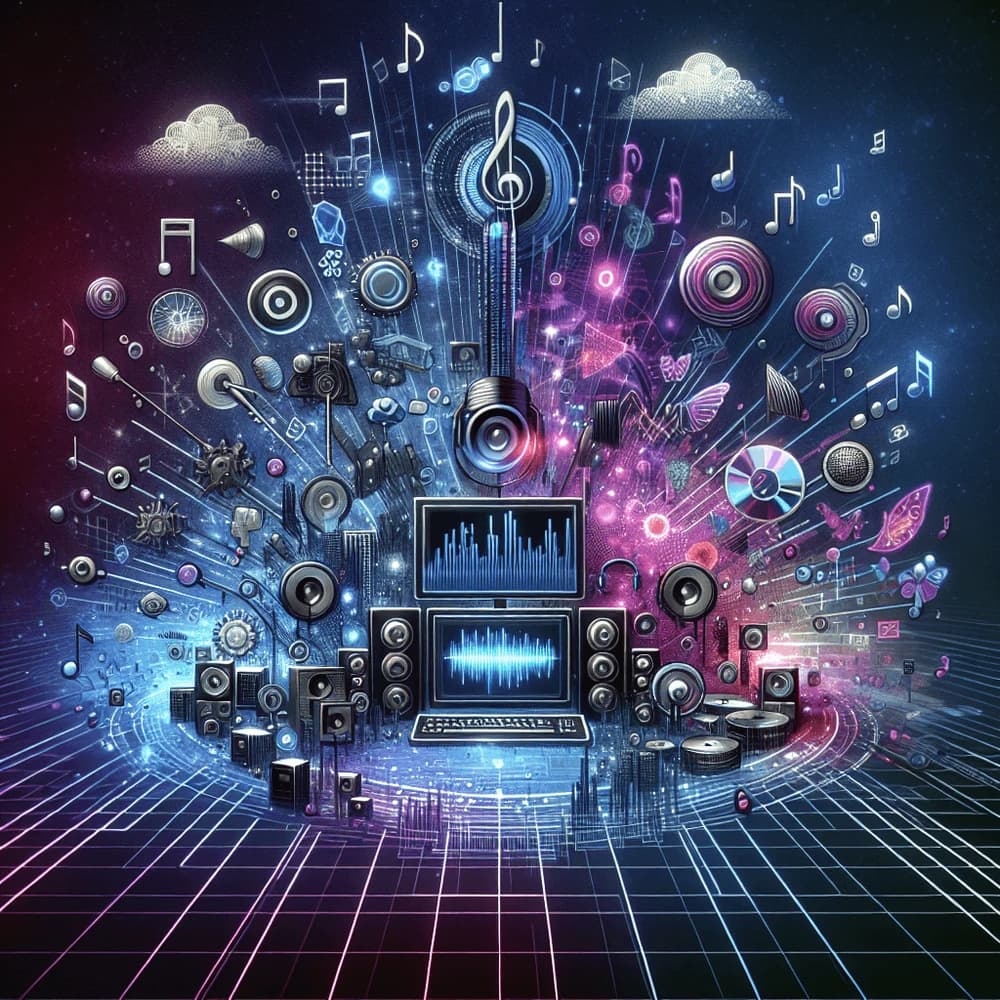 Digital music production with speakers, monitors, musical notes, and abstract tech elements on a grid.