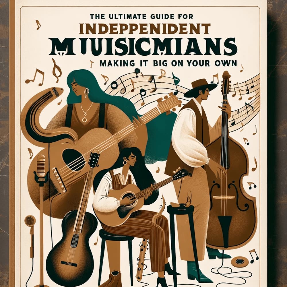 Three musicians playing guitar and bass, surrounded by musical notes and microphones, in a vintage poster style.