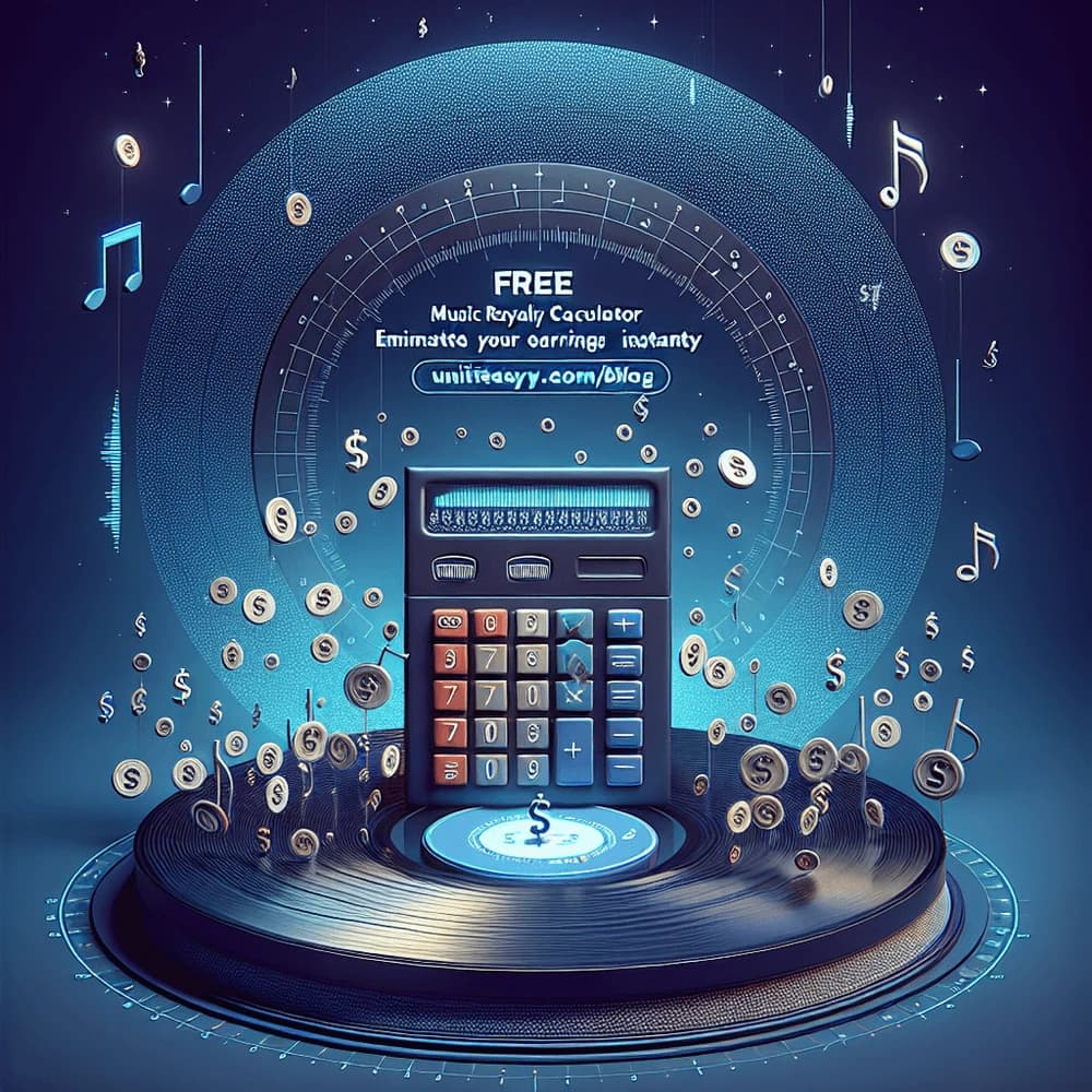 Calculator on a vinyl record with floating dollar signs and musical notes, "FREE Music Royalty Calculator" text.