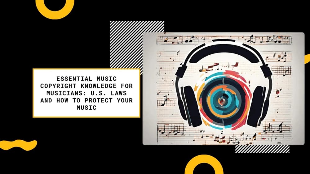 Headphones over colorful sound waves on sheet music, with text "Essential Music Copyright Knowledge for Musicians".