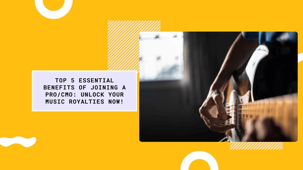 Hand strumming an electric guitar, with text "TOP 5 ESSENTIAL BENEFITS OF JOINING A PRO/CMO: UNLOCK YOUR MUSIC ROYALTIES NOW!