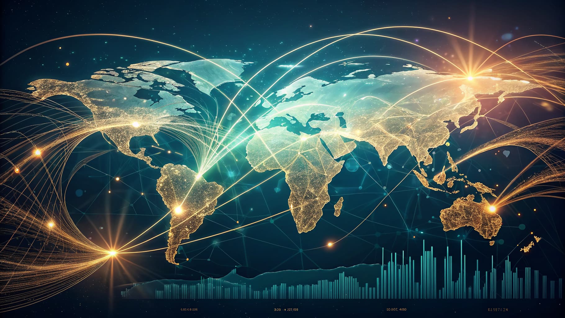 Digital world map with glowing city lights and interconnected data lines, over a dark blue background with graphs.