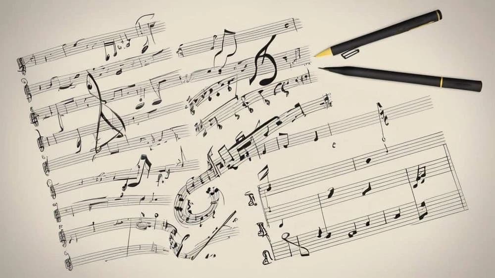 Music notation on sheet music with two black pencils, one with a yellow tip, on a light background.