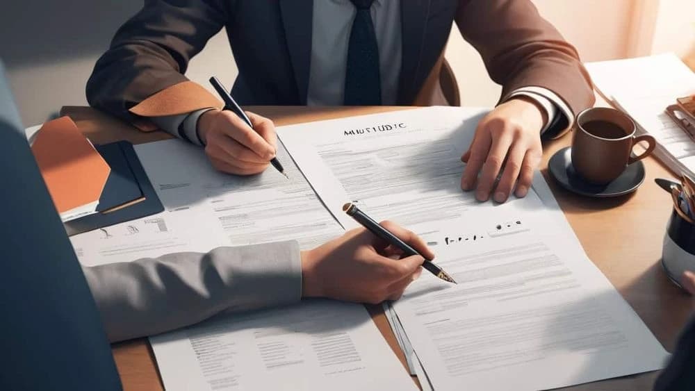 Two people in suits signing a contract with pens on a wooden desk, with a coffee cup nearby.