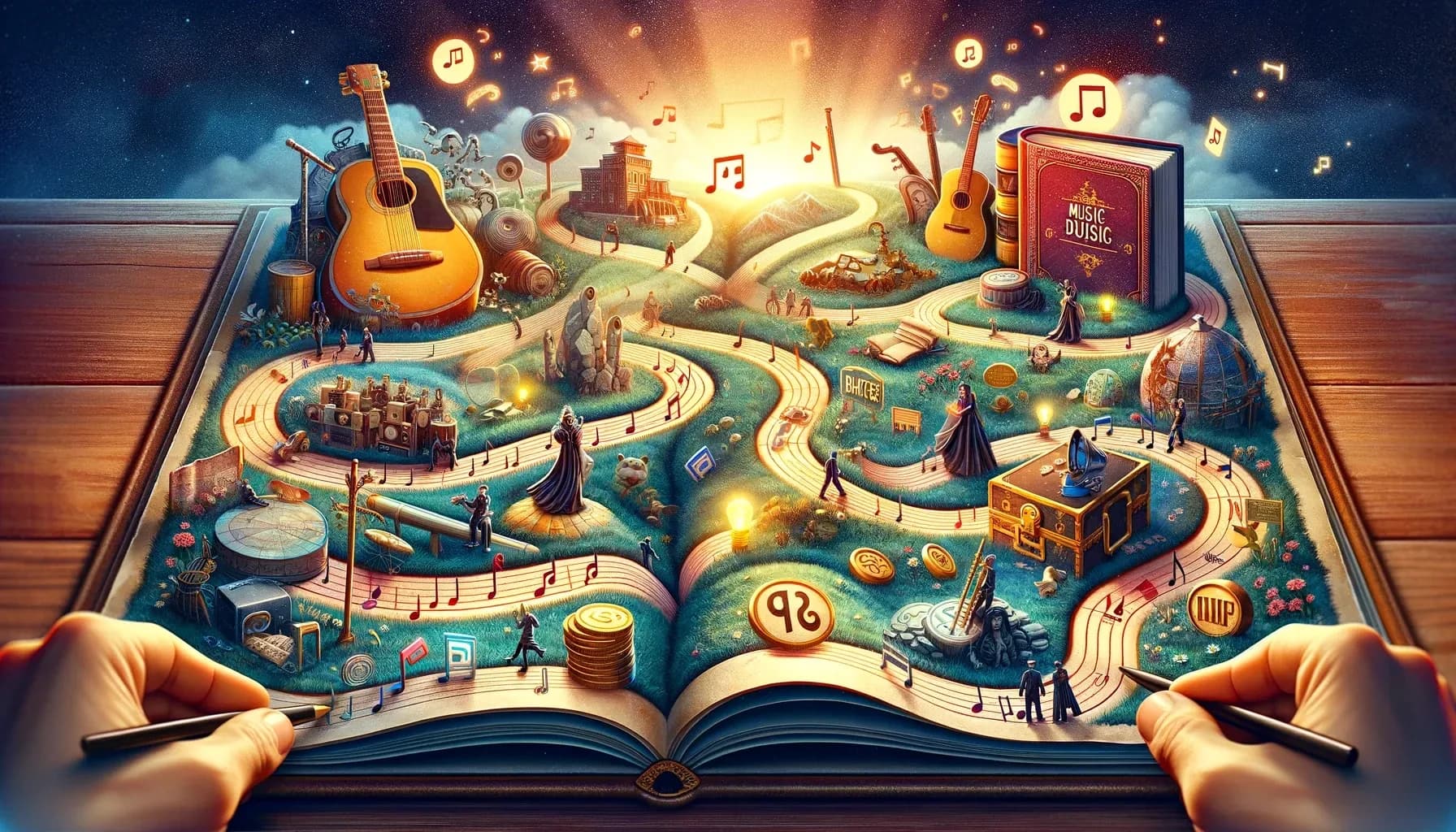 Hands drawing a musical journey on an open book, with instruments, people, and glowing notes.
