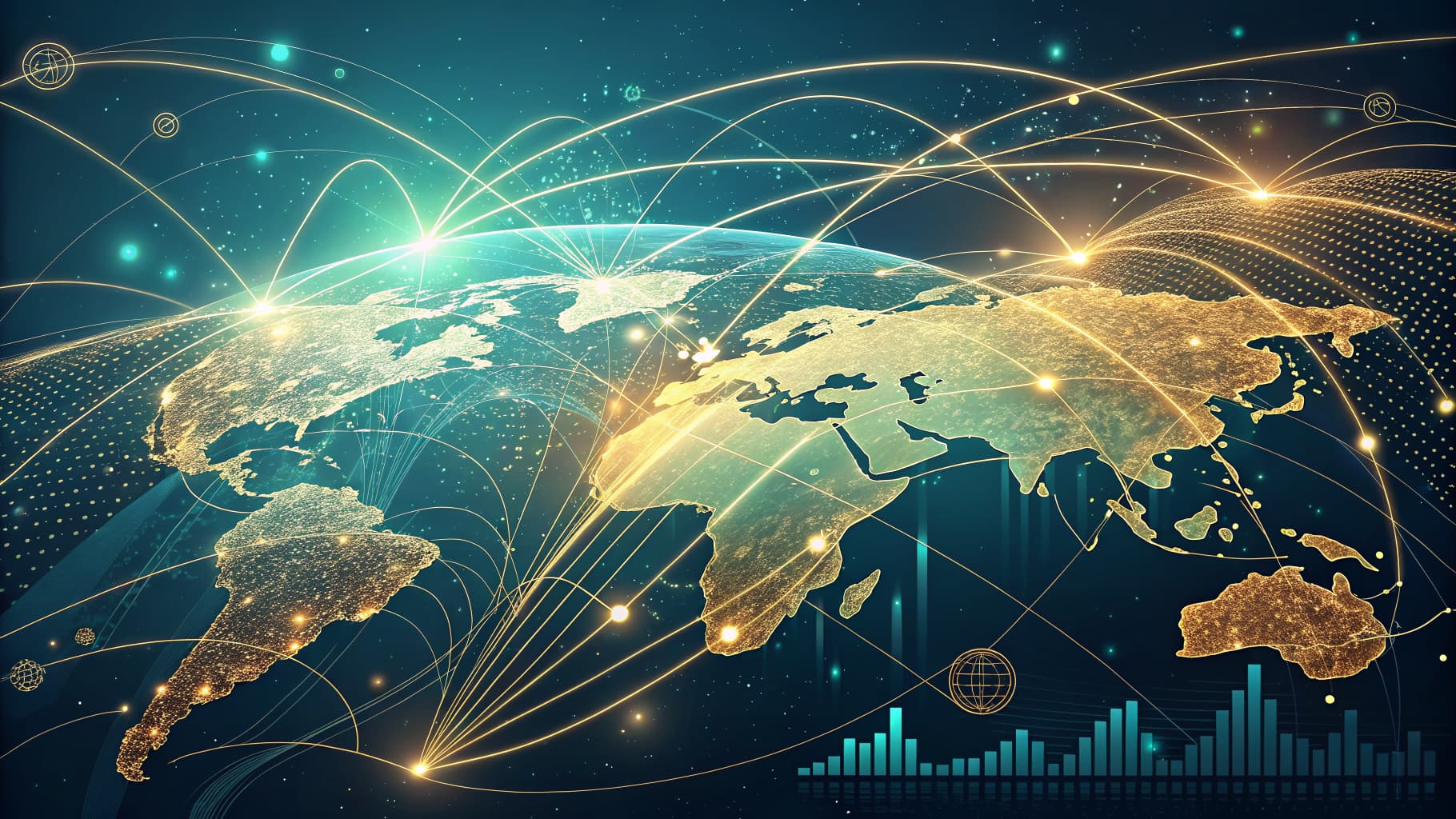 Digital world map with glowing golden continents, connected by bright light lines, against a dark blue background.