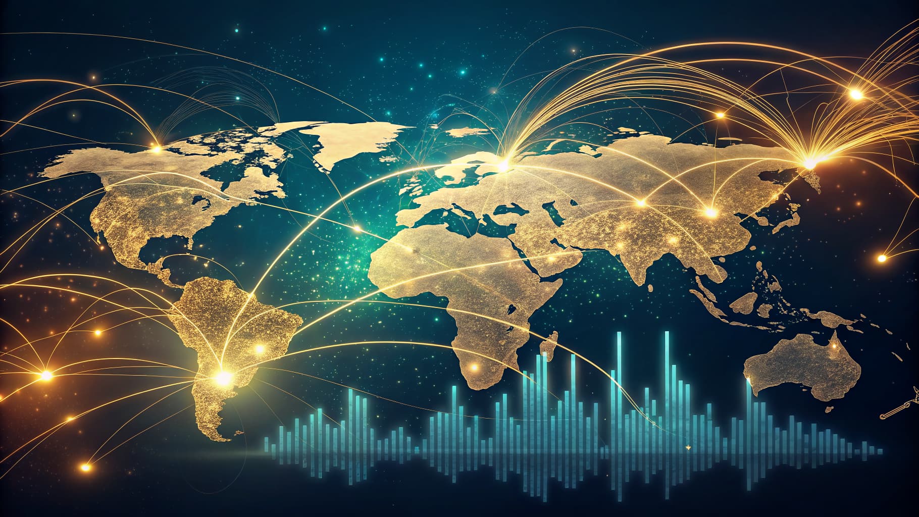 Golden world map with glowing connection lines between continents and a blue bar graph at the bottom.
