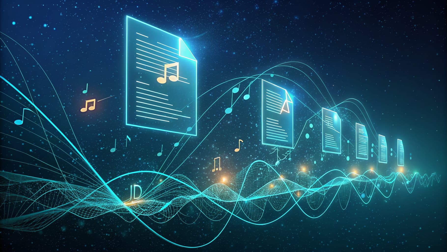 Digital music files and notes on a starry blue background with glowing sound waves.