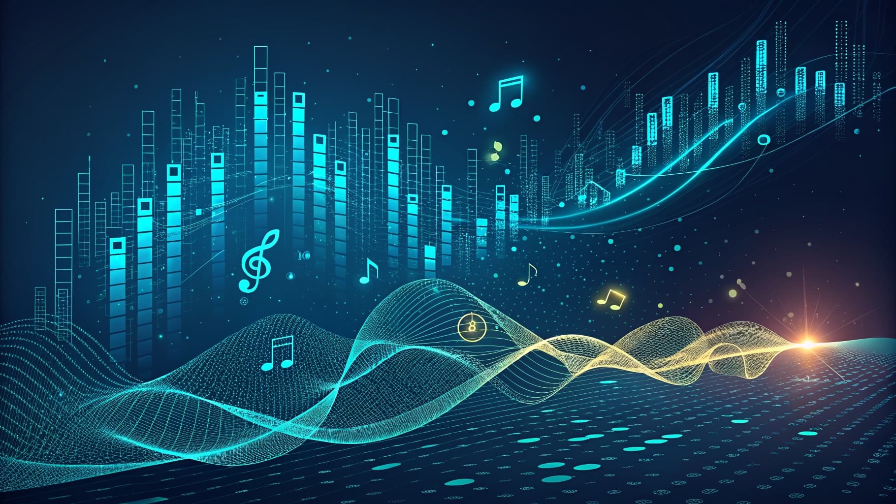 Digital sound equalizer bars, musical notes, and glowing wireframe waves on a dark blue background.
