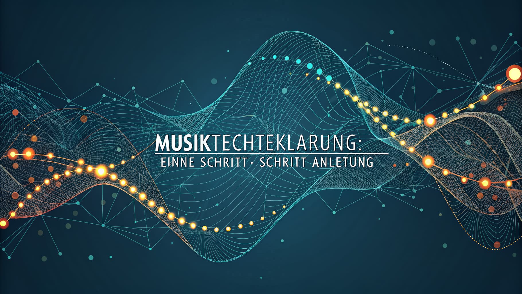 Abstract dark blue background with glowing orange and blue lines, dots, and text "MUSIKTECHTEKLARUNG".