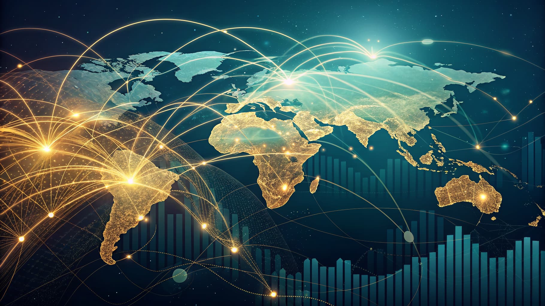 World map with glowing golden continents, interconnected by bright light trails, over a dark background with bar graphs.
