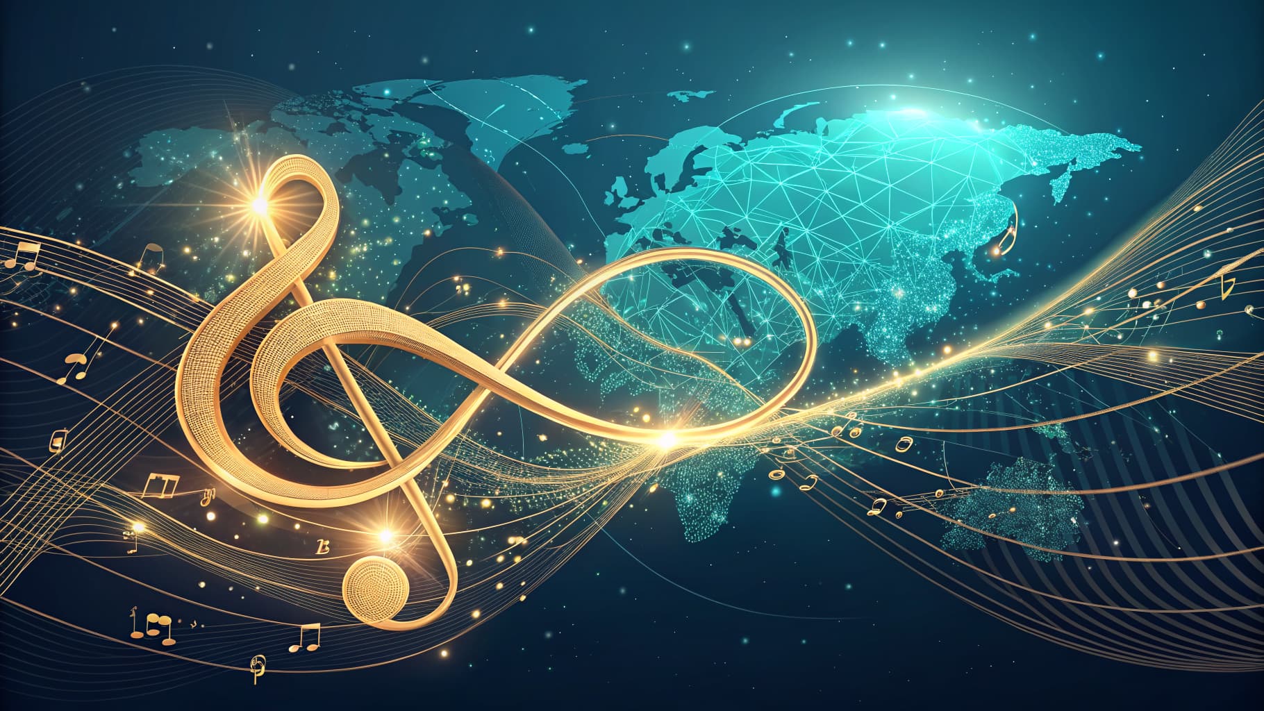 Golden treble clef and musical notes over a glowing world map with network lines on a dark blue background.