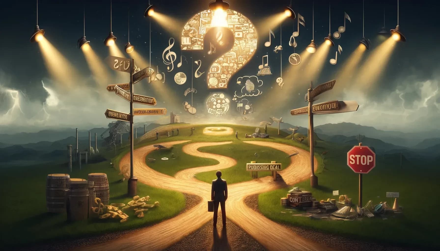Man at a crossroads, one path leading to a "Publishing Deal" sign, under a question mark of music notes.