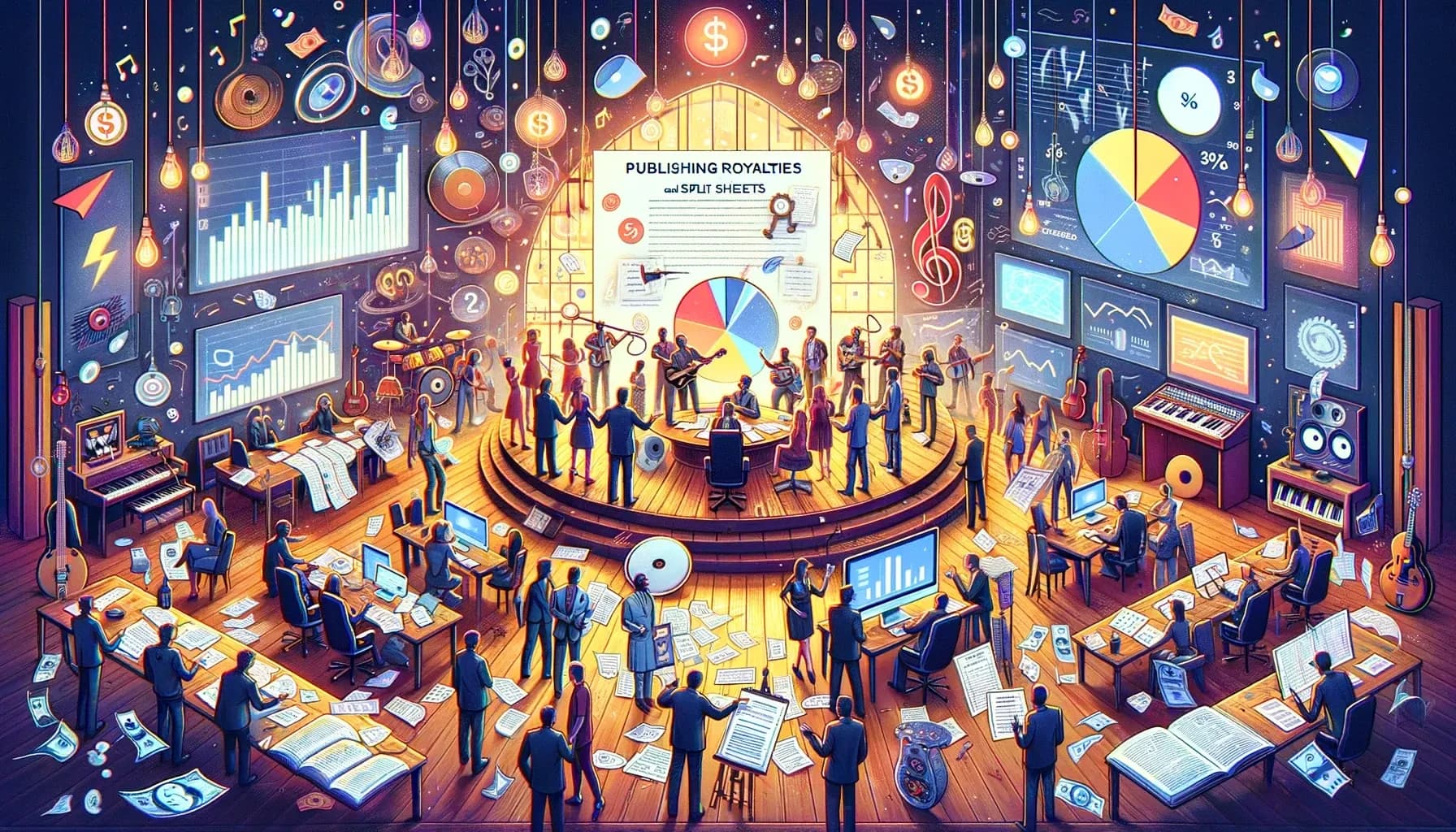 Music industry professionals, artists, and data visualizations of royalties and split sheets in a vibrant, busy office.