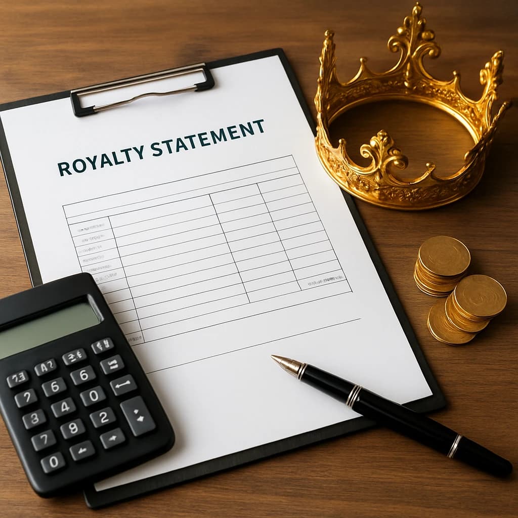 Royalty statement on a clipboard with a calculator, pen, gold crown, and stacks of gold coins on a wooden desk.