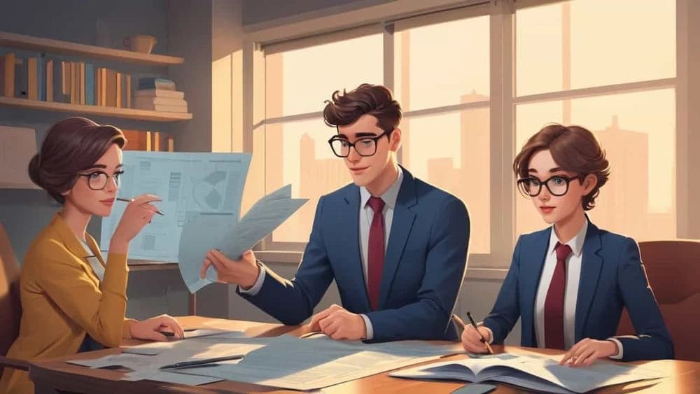 Three business professionals, two women and one man, reviewing documents at a sunlit office desk.