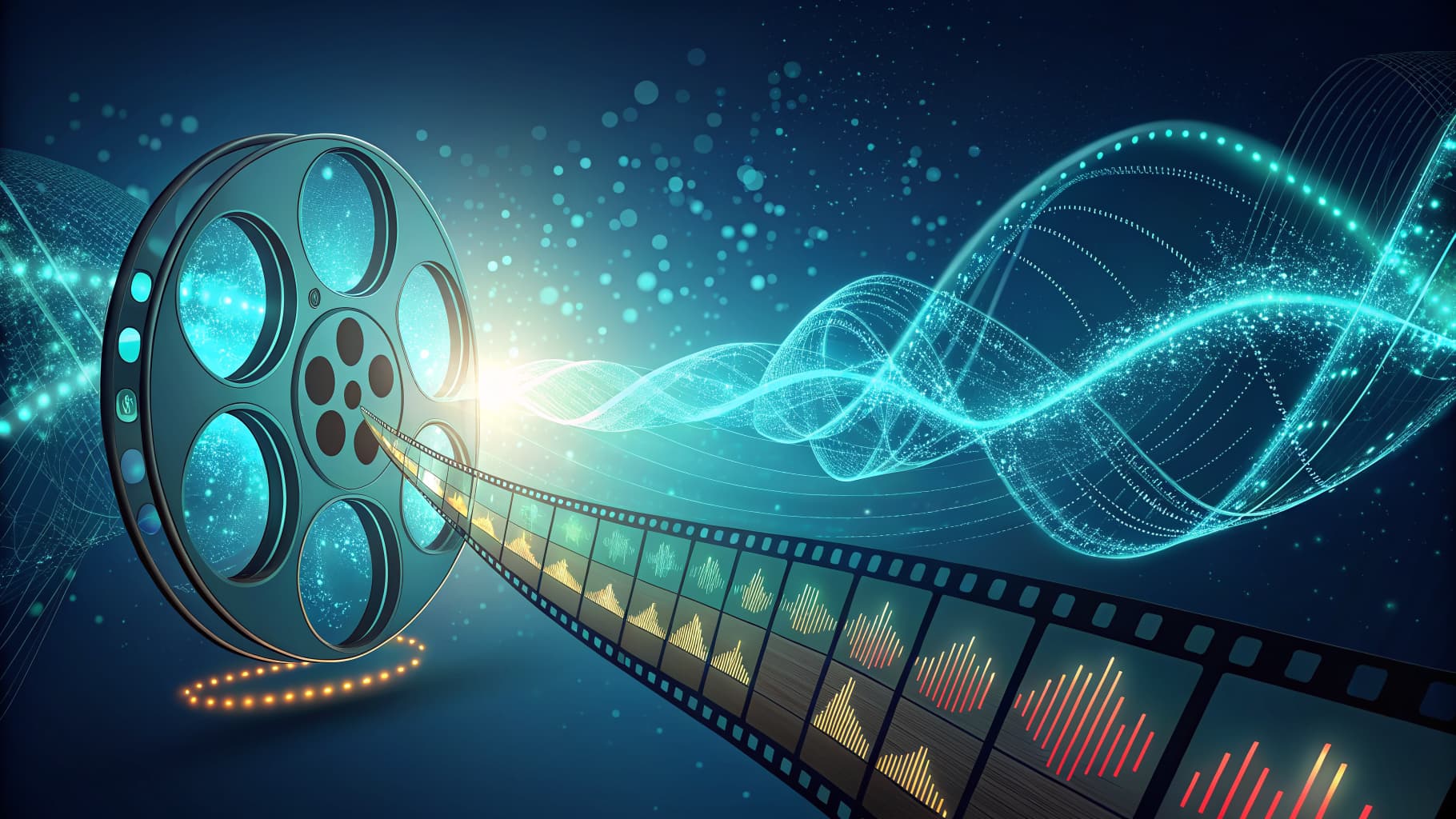 Film reel with glowing filmstrip and abstract blue light waves on a dark background.