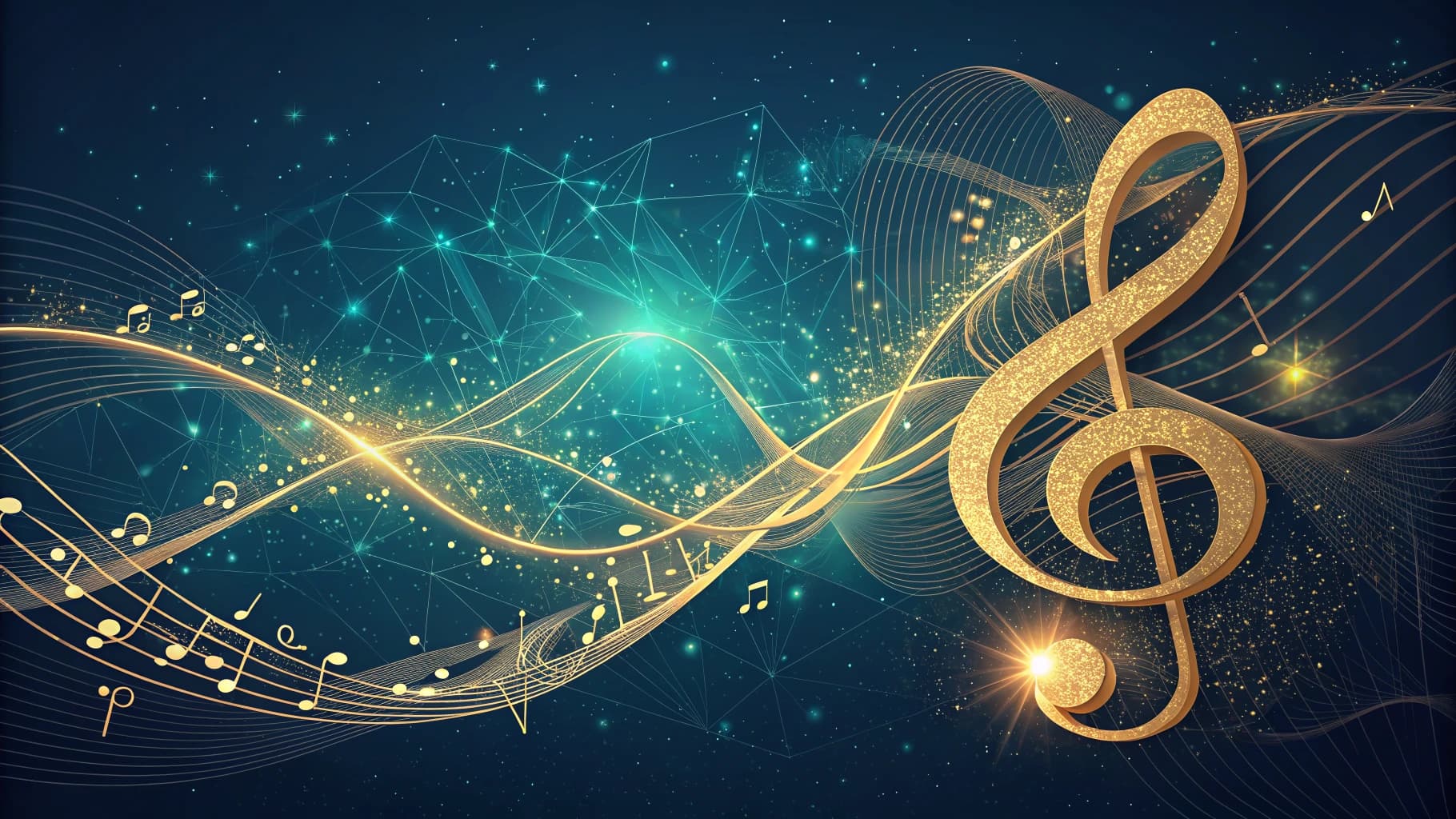 Golden treble clef and musical notes on flowing staves with sparkling lights and a blue-green tech background.