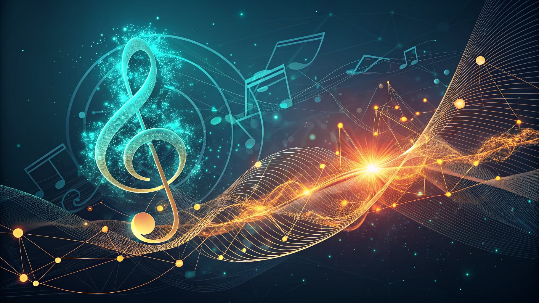 Glowing treble clef and musical notes with abstract golden light waves and connected dots on a dark background.