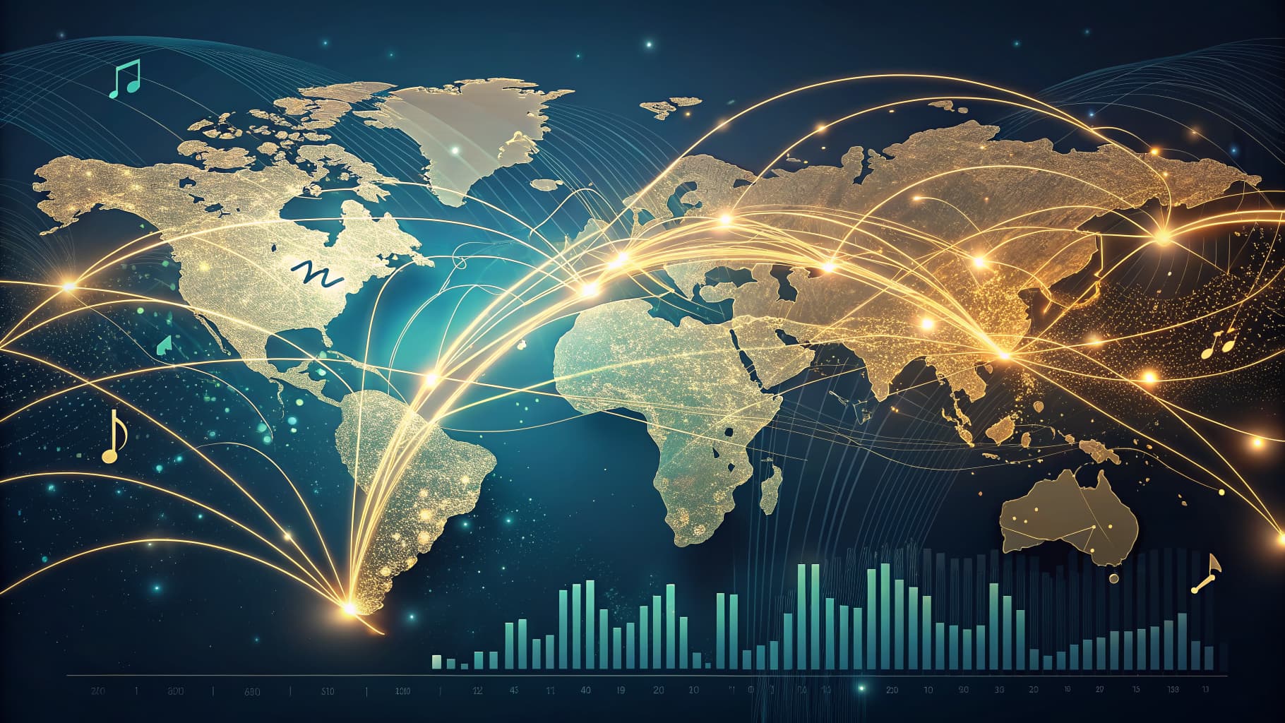 World map with glowing golden landmasses, connected by bright light lines, over a dark blue background with music notes.