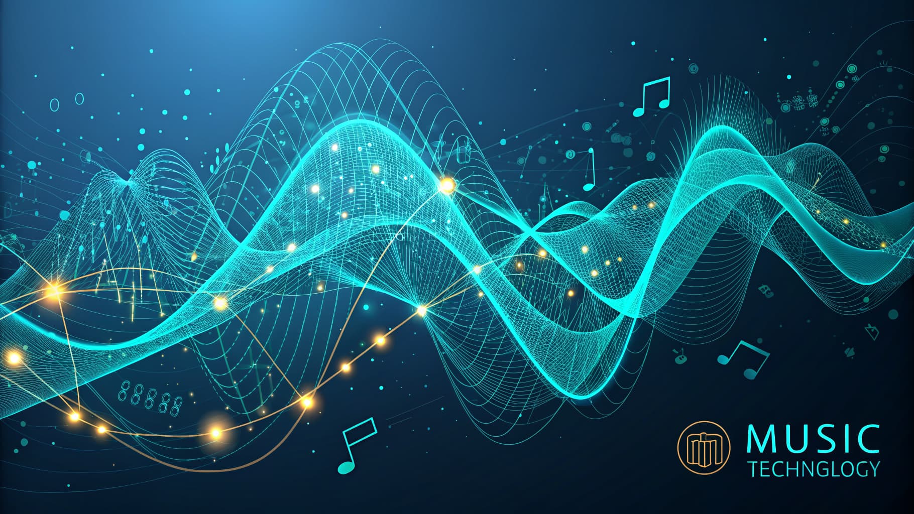 Blue digital sound waves with glowing yellow nodes and scattered musical notes on a dark background.