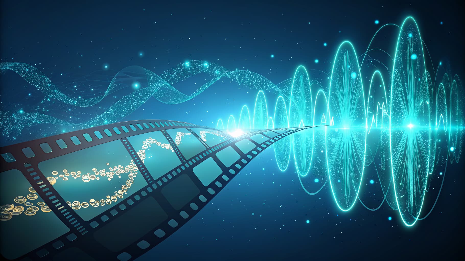 Film strip with glowing data waves and light particles on a dark blue background.