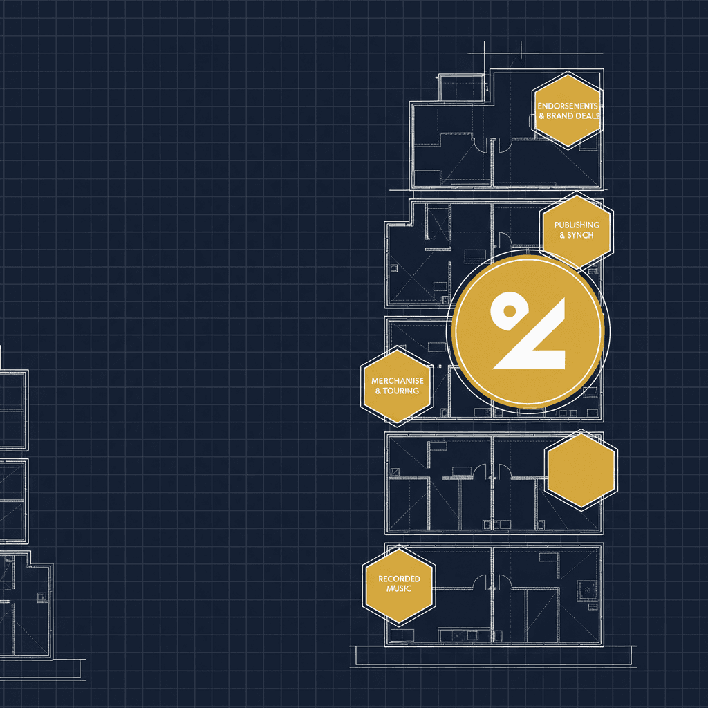 Blueprint-style diagram with floor plans and yellow hexagons labeled "Endorsements," "Publishing," "Merchandise," "Recorded