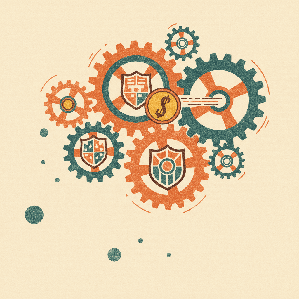 Interlocking gears in orange and teal, some with shield icons, one with a dollar coin, on a textured beige background.