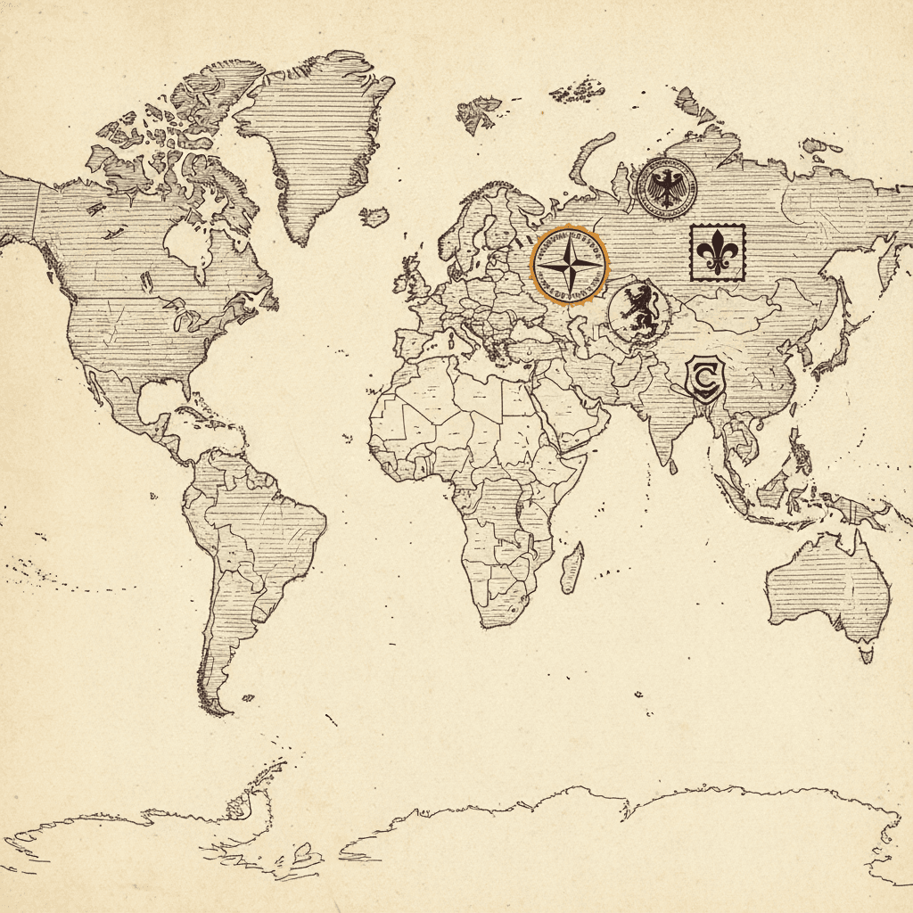 Vintage world map with a compass rose and various stamps over Europe and Asia.