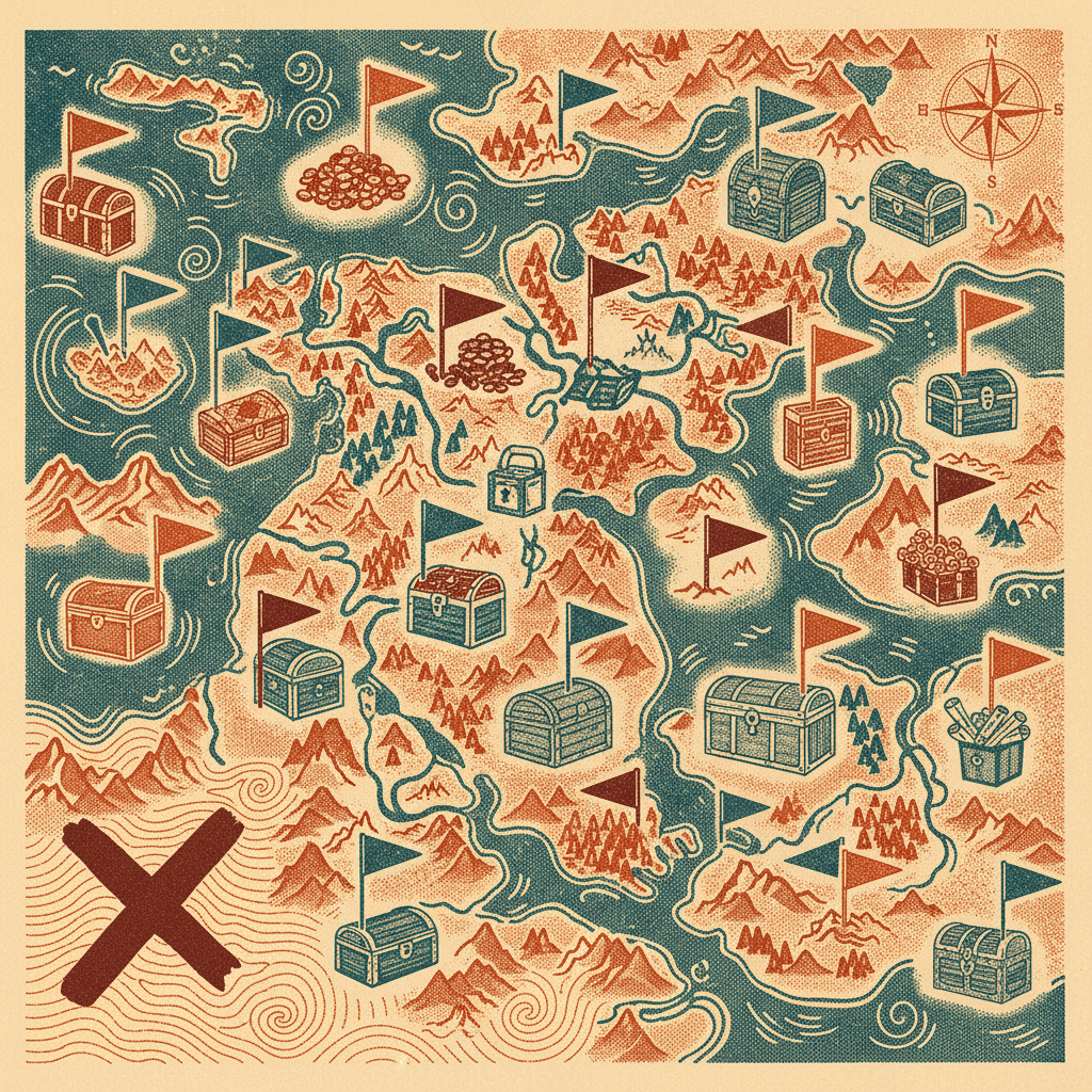 Vintage-style treasure map with islands, mountains, rivers, chests, flags, and a compass rose. "X" marks the spot.