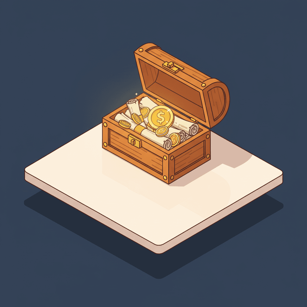 Open wooden treasure chest filled with gold coins and rolled-up scrolls on a light square platform.