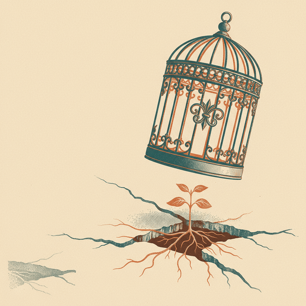 Plant with roots growing from cracked ground, a decorative birdcage above it.
