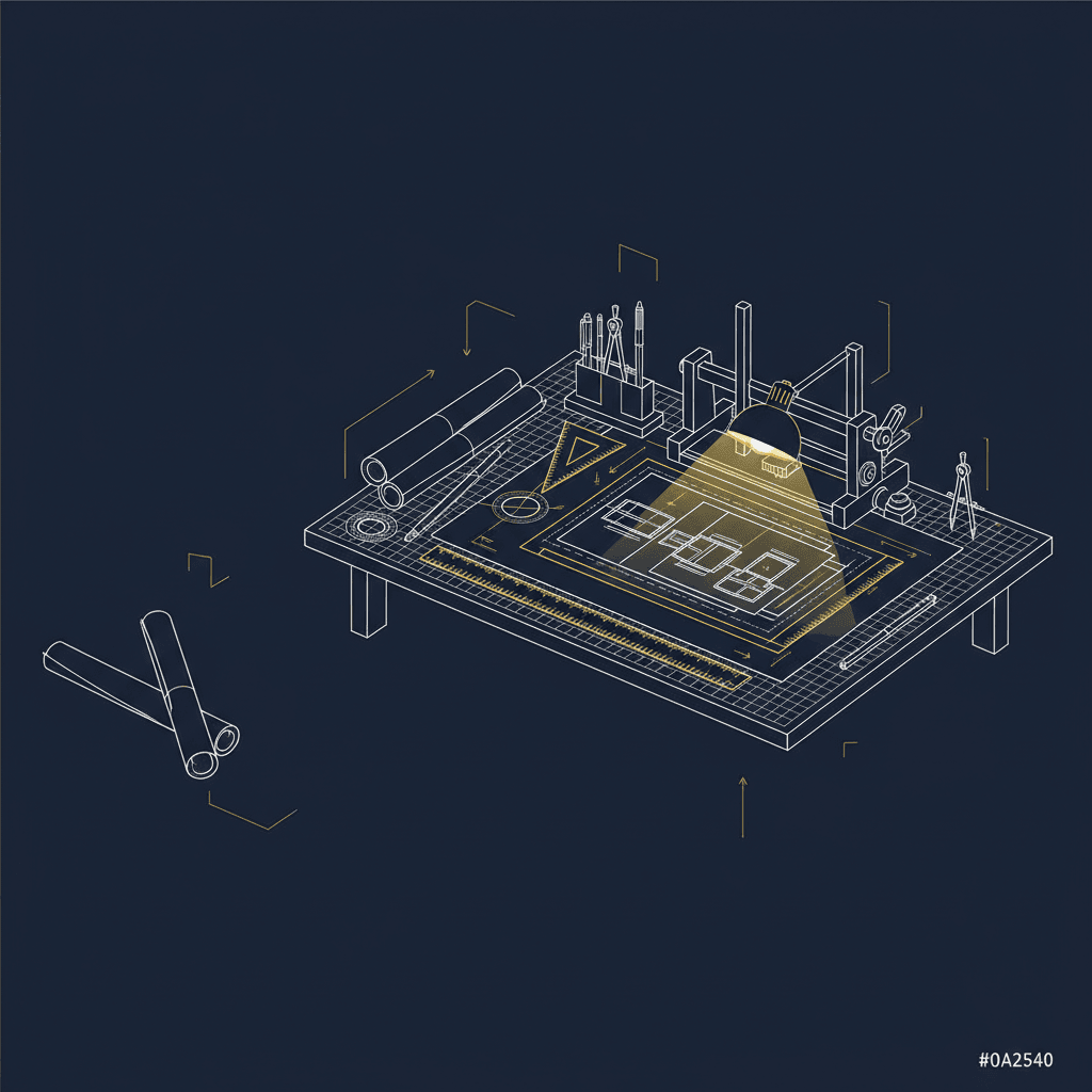Isometric line art of an architect's drafting table with blueprints, tools, and a lamp illuminating the design.